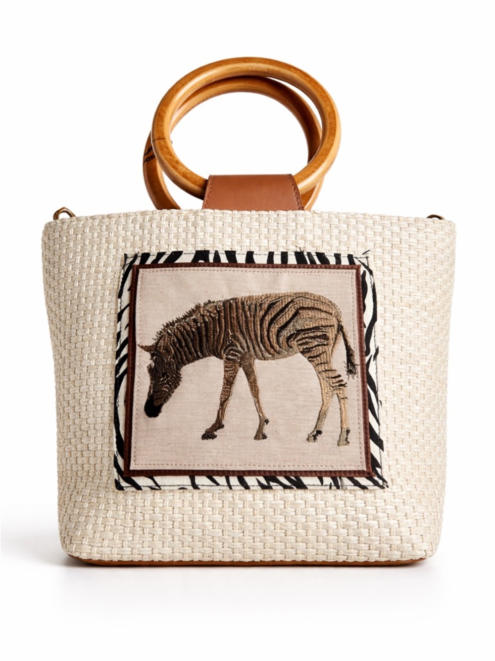 Bueno “Gold Mine Totes” woven straw handbag with bamboo handles